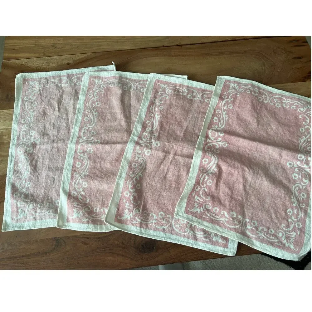 European Linen Italian vintage linen napkins pink damask design set of 4